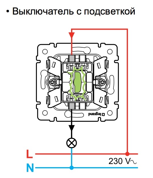 Как подключить (схема подключения) выключатель с подсветкой Legrand 774410